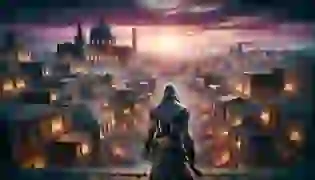 Altair Ibn-La'Ahad surveys the bustling medieval city from a rooftop at twilight, his gaze focused on his mission as the vibrant hues of the setting sun reflect the tense atmosphere of the conflict between Assassins and Templars.