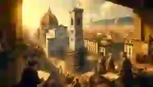 A bustling scene of Renaissance Florence, showcasing the partially constructed Bell Tower of Giotto. Workers, architects, and the vibrant atmosphere of the city surround the tower, reflecting the ambition and energy of the era.