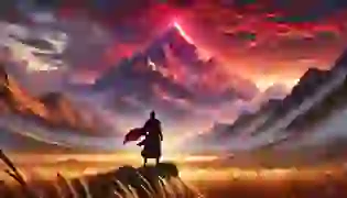 The sacred Kyzyl To mountain glows crimson at sunrise, its towering presence a beacon of both awe and reverence. In the foreground, a lone warrior stands with unyielding determination, preparing to embark on a journey that will decide the fate of the steppe.