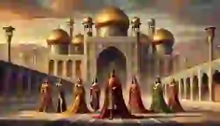 In front of the grand palace of Persia, King Bahram Gur stands tall and regal, surrounded by the seven beautiful women from distant lands, each representing a unique origin and wisdom. The golden domes and intricate mosaics of the palace gleam under the setting sun, symbolizing the opulence and mystery of Bahram's kingdom.