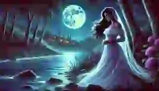 A sorrowful La Llorona stands near a moonlit riverbank, her flowing white dress illuminated against the eerie mist rising from the water. The distant silhouette of a village and surrounding trees add to the mysterious and tragic atmosphere of the story's setting.