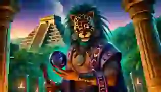 Tezcatlipoca, the powerful god of night and sorcery, stands in front of a grand Aztec temple under a twilight sky, his jaguar skin cloak draped over his shoulders and an obsidian mirror in hand, as stars begin to light up the mysterious jungle behind him.