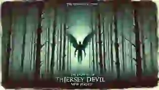 An eerie introduction to the Jersey Devil story, set in the dark, fog-filled Pine Barrens. The atmosphere is thick with mystery, as shadows of unknown creatures seem to move between the tall trees.