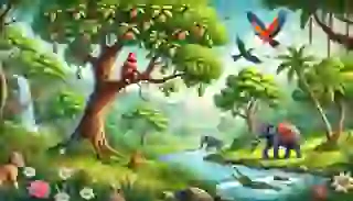 The introduction of 'The Jataka Tales' showing the lush forest, the Ganges River, and the main characters.