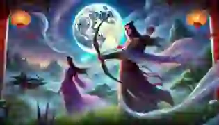 In this scene, Hou Yi, the legendary archer, stands with his divine bow, while his beloved wife, Chang'e, gazes towards the moon. The atmosphere captures a moment of serenity and longing, foreshadowing their eventual separation and Chang'e's celestial ascent.