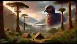 A mystical scene introducing The Legend of the Moa, set in the ancient forests of New Zealand. The powerful Moa stands tall amidst the vast wilderness, symbolizing the sacred bond between nature and the Māori people. The dawn casts a serene glow over the land, blending the village harmoniously with the natural world.