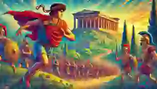 Pheidippides begins his legendary journey from Athens, with the Acropolis towering behind him, symbolizing the start of his mission.