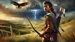 A young Lakota warrior, Chayton, stands resolutely on the Great Plains, facing a stormy sky where the faint silhouette of the Thunderbird emerges, symbolizing the impending challenge that lies ahead.