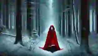 The young girl in her striking red cloak ventures cautiously into the foreboding, snow-laden forest. Shadows loom large as the ancient trees seem to watch her every step, while a quiet tension fills the air, signaling danger ahead.