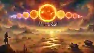 The Legend of the Ten Suns begins as ten suns rise together, casting their blinding light over a scorched, desolate landscape. Villagers below gaze in awe and fear as the intense heat withers their land, foreshadowing the mythic tale of heroism, sacrifice, and cosmic balance.