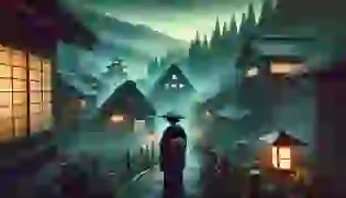 The mysterious village at dusk, where shadows of the mist-covered forests linger over wooden houses and shrines, introduces a world steeped in tension. A lone figure, hidden beneath a straw hat, walks along the lantern-lit path, carrying the weight of a dark secret.