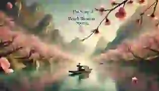 A tranquil river scene introduces "The Story of the Peach Blossom Spring," with peach blossom trees lining the banks, a fisherman rowing peacefully, and majestic mountains in the distance under a warm, serene sky.