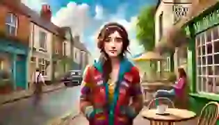 Louisa Clark stands outside a cozy café in a small English town, wearing her colorful, eccentric outfit. Her expression reflects curiosity and optimism, setting the tone for a journey of hope and new beginnings.