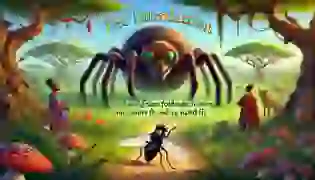 Anansi, the cunning spider, invites the naive fly to his grand feast amidst the lush savannah forest, setting the stage for an ancient tale of wit and wisdom.