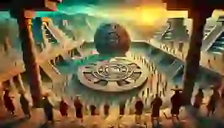 A ceremonial plaza in ancient Mexico, where the Aztec Sun Stone stands as a central symbol. Priests prepare for a ritual as the sun sets, casting a golden hue over the towering temples and pyramids. The scene captures the mysticism and reverence of the Aztec civilization.