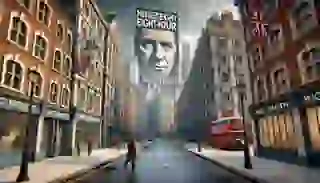  Winston Smith walks through the oppressive streets of dystopian London, under the watchful eye of Big Brother.