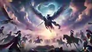 A majestic scene of the Valkyries soaring over the battlefield, led by the fierce Brynhildr, as they prepare to guide the bravest warriors to Valhalla. The atmosphere captures the tension and grandeur of their role in the upcoming battle of Ragnarok.