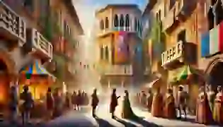 A lively depiction of the streets of Verona, where the bitter rivalry between the Montagues and Capulets simmers beneath the vibrant atmosphere of Renaissance life. The tension between the families sets the stage for the tragic love story of Romeo and Juliet.