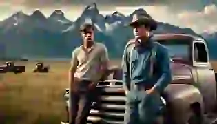 Ennis and Jack stand beside a pickup truck in the rugged wilderness of Brokeback Mountain. The towering peaks loom in the background, capturing the quiet tension and unspoken emotions between them as they embark on a journey of love and discovery.