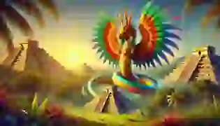 Quetzalcoatl, the Feathered Serpent, stands majestic against the backdrop of ancient pyramids, bathed in the golden glow of the setting sun. His radiant feathers and golden ornaments symbolize his divine role as creator and guide in the ancient world of Mesoamerica."