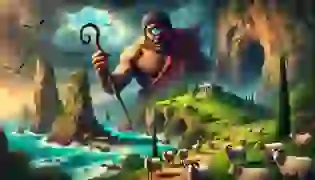 A dramatic scene introducing the story of Polyphemus, the Cyclops, set against the rugged and stormy Greek island, with lush greenery and a menacing presence dominating the landscape.