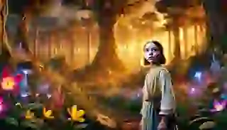 A young girl, Marie, standing at the edge of a magical forest with glowing flowers and ancient trees.