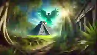 In the heart of the ancient Mayan jungle, the towering Temple of Kukulkan stands majestically amid lush greenery. A mystical glow illuminates a feathered serpent, symbolizing the divine descent of Kukulkan, as sunlight filters through the dense canopy, setting the tone for an epic myth of wisdom, power, and reverence