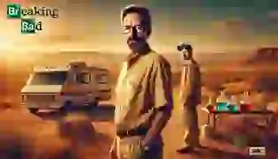 Walter White stands at the edge of his breaking point in the harsh, sun-soaked desert of Albuquerque. Behind him, the old RV that serves as his meth lab rests quietly, as the city looms in the distance. His expression reflects the burden of his hidden life, caught between desperation and the dark path he’s chosen.