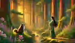  In a tranquil, ancient Japanese forest, Kage the tanuki watches Aiko as she plays her bamboo flute by a shimmering stream, surrounded by vibrant wildflowers and the golden hues of a peaceful sunset.