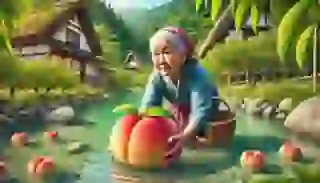 The elderly woman discovers the large peach in the river.