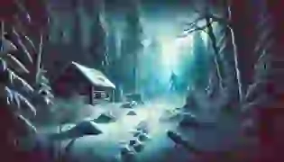 The haunting introduction to The Legend of the Wendigo, depicting a cold, snow-covered forest and an eerie abandoned cabin. The scene sets a foreboding tone for the ancient Native American legend that unfolds in the icy wilderness.