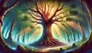 The introduction to "The Tale of Yggdrasil" depicts the majestic World Tree, Yggdrasil, standing tall in a mystical forest. The image captures the ethereal beauty of the tree, with its branches connecting the nine realms, glowing runes on its bark, and a golden light filtering through the leaves, setting the tone for the epic Norse myth.