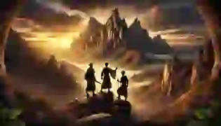 Three brothers stand united at the edge of a rugged mountain range under a golden twilight, ready to embark on their journey to lift the ancient curse upon their village.