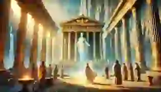 A majestic scene introducing the Oracle of Delphi, set against the grand columns of the Temple of Apollo, where the priestess stands poised to deliver her divine prophecies. Pilgrims and ancient Greeks gather in awe, illuminated by sunlight that enhances the mystery and reverence of the sacred place.