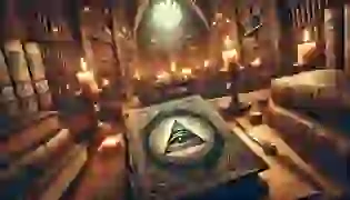 An ancient, mysterious library illuminated by flickering candles reveals a worn leather-bound book displaying the symbol of the All-Seeing Eye. The faint glow hints at hidden knowledge, capturing the enigmatic atmosphere of the Illuminati.