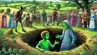 The Green Children of Woolpit emerge from a dark pit, bewildered and scared, while astonished farmers in medieval garb look on in disbelief in the English countryside.