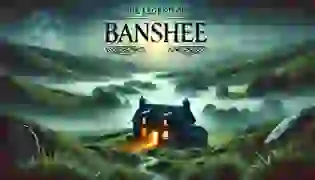 A misty, moonlit scene of Ireland's rolling green hills with a small stone cottage at its heart, setting the tone for the eerie and mysterious tale of The Legend of the Banshee.