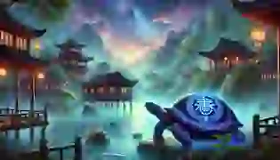 The mystical Black Tortoise of ancient China, protector of nature and balance, awakens near the moonlit lake as the quiet village of Yunxi rests under the serene, mist-covered sky.