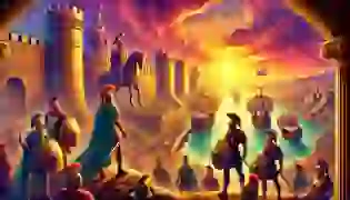 Warriors prepare for the epic battle as the majestic walls of Troy stand against the backdrop of a fiery sunset, setting the stage for the legendary siege.