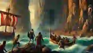 Odysseus and his crew arrive on the rocky shores of the island, cautiously approaching the dark and foreboding cave rumored to be the home of the Cyclops. The tension is palpable as they prepare for the unknown dangers that lie ahead.