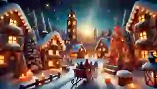 A festive scene of the snow-covered village of Everwhistle on Christmas Eve, with the bell tower in the distance and a sleigh of toys ready for a magical journey.