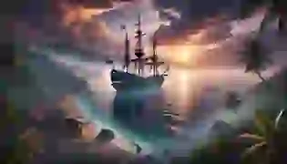 The eerie and ghostly ship, Queen Anne's Revenge, emerges from the misty Caribbean waters at twilight, setting the stage for an adventure filled with danger, treasure, and pirate legends. The small village and dense jungle in the foreground hint at the mysterious journey awaiting.