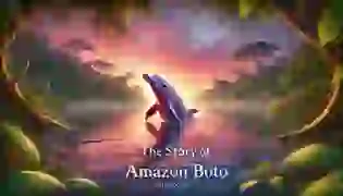 A mesmerizing depiction of the Amazon River at dusk, where the vibrant hues of the sunset illuminate the serene waters. The legendary pink dolphin, Boto, gracefully emerges, embodying the tale's magic and connection to nature.