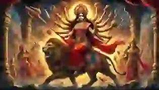 The image introduces the story with a powerful depiction of Goddess Durga mounted on her lion, ready for battle. Her ten arms hold divine weapons, and her calm yet fierce expression signifies her readiness to face the demon Mahishasura. The fiery sunset in the background adds a sense of impending conflict and cosmic energy, setting the mood for the legend to unfold.