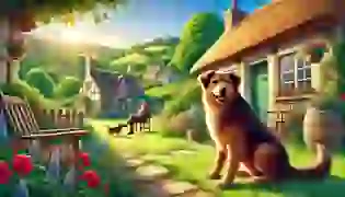 Max sits contentedly in the yard of his cozy village home, basking in the sunlight, as his owner, Mr. Thompson, watches from the doorway. The peaceful village is surrounded by vibrant green hills, setting the scene for Max’s upcoming adventure in “The Foolish Dog.