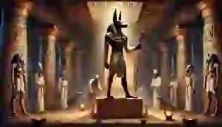 Anubis, the jackal-headed god, watches over the sacred rites of mummification in an ancient Egyptian burial chamber, surrounded by priests and artifacts glowing under the light of oil lamps.