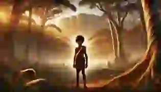 Jara, a young Aboriginal boy, stands at the edge of a mystical forest in ancient Australia, gazing at the towering cliffs and sacred lands ahead. Bathed in the golden light of dawn, he prepares for a journey that will change his destiny.