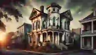 A decaying Southern mansion stands prominently on a street lined with modern buildings. The mansion's peeling paint and overgrown garden contrast with the encroaching modernization, setting the tone for the haunting mystery within.