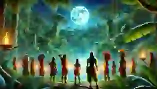 The Icamiabas, warrior women of the Amazon, stand at the edge of the sacred lagoon, preparing to protect the Muiraquitãs. The dense jungle and shimmering moonlit waters create an enchanting and mystical atmosphere.