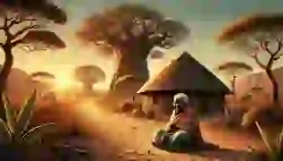 A peaceful Zimbabwean village introduces the story, with Gogo Nyasha, the wise old woman, sitting calmly in front of her thatched hut beneath a giant baobab tree. The warm setting sun casts a golden glow over the dry, cracked earth, reflecting the villagers' hardships but also hinting at hope.